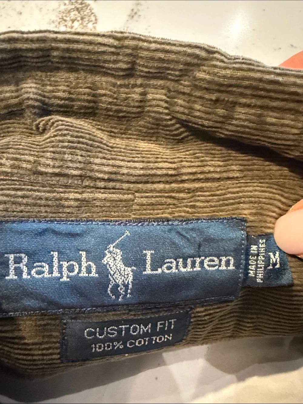 Polo by Ralph Lauren Olive/Brown Corduroy Button-Down Shirt with Purple Logo M